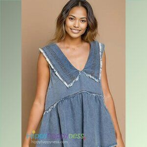 POL Top Denim Babydoll Sleeveless Tank Plus Size Raw Edge Distressed 1X,2X,3X